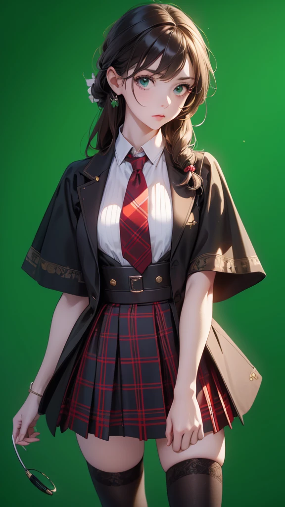 best picture quality, 8K, high quality, masterpiece:1.2), ((masterpiece)), (high detail, high quality, best picture quality), Portrait, (cute illustration:1.2), (perfectly balanced anatomy), Amelia Watson, amelia_detective, collared shirt, red necktie, plaid skirt, thighhighs, (detective accessories:0) deerstalker, brown capelet, pocket watch, stethoscope, syringe (pure green background: 1.2)