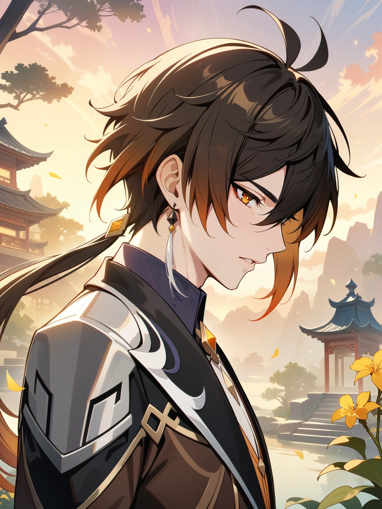 Masterpiece,very aesthetic,1boy((,zhongli)),solo,long hair in low ponytail,yellow gold eyes,male_focus,mature  male,face_focus,portrait,waist up,narrow_waist,blushing,aroused,flirt,turned on,hot,sweating
BREAK 
illustrated by (guweiz:0.5) and (dsmile:0.35),cel shading,slim face,masamune shiro, casimir art
BREAK 
A chinese garden with orchids and stairs and trees,royal garden background,beautiful intricate anime scenery,peaceful pond with floating light particles and lotuses,((stunning sunset backdrop)),gorgeous fantasy aesthetic, rich vivid color
BREAK 
elysian realm,osmanthus,floating petals,detailed key anime art, luocha from honkai star rail, honkai star rail character,  handsome guy in demon slayer art, genshin, detailed clothes, depth of field, cinematic lighting, ray tracing, UHD, high details, high quality, award winning, super detail, (best quality,4k,8k,highres,masterpiece:1.2)