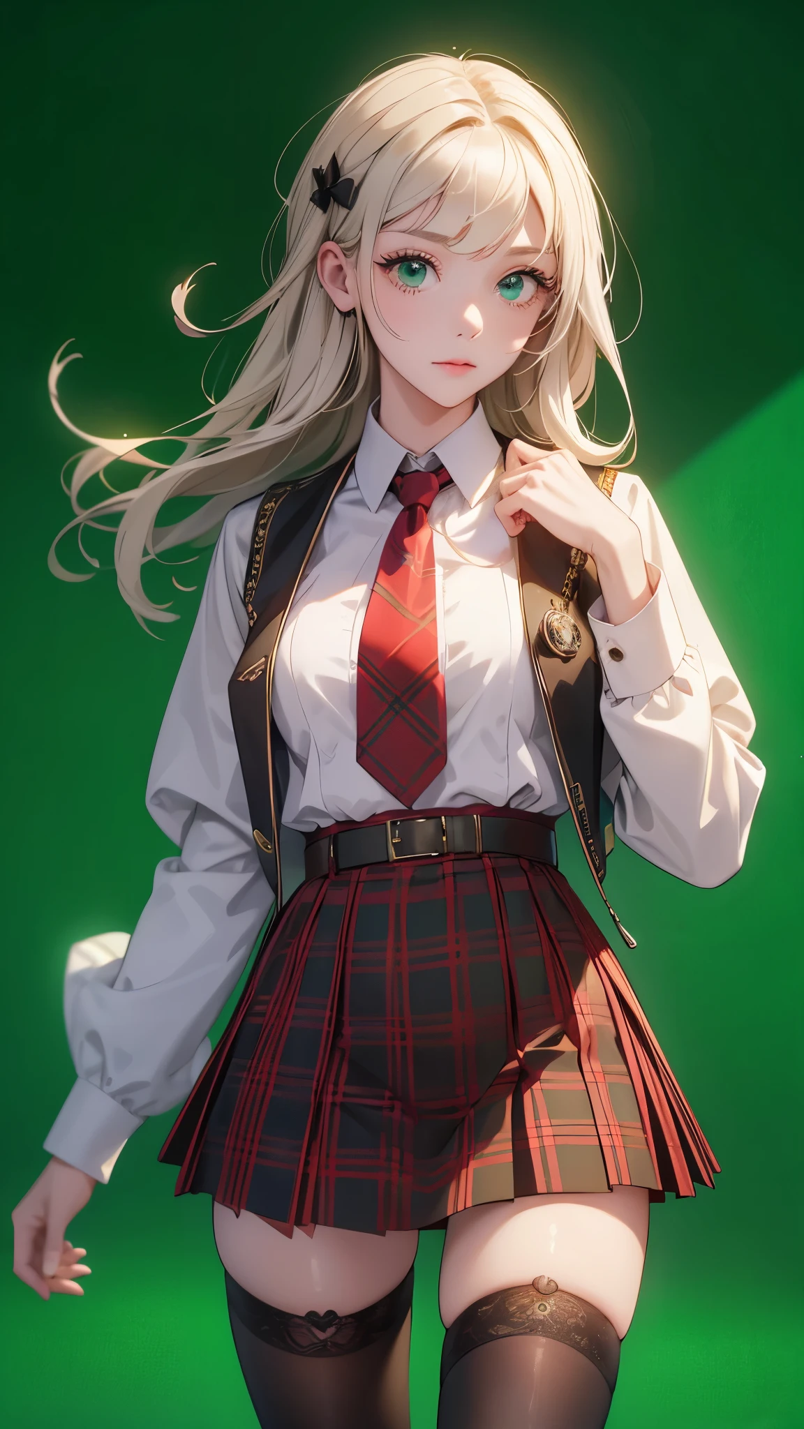 best picture quality, 8K, high quality, masterpiece:1.2), ((masterpiece)), (high detail, high quality, best picture quality), Portrait, (cute illustration:1.2), (perfectly balanced anatomy), Amelia Watson, amelia_detective, collared shirt, red necktie, plaid skirt, thighhighs, (detective accessories:0) deerstalker, brown capelet, pocket watch, stethoscope, syringe (pure green background: 1.2)