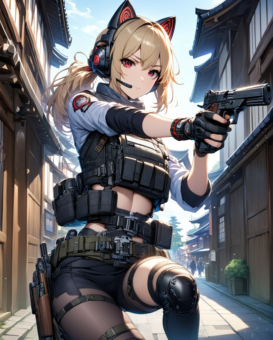 One girl, solo,Pistol,Kyoto,High resolution, masterpiece, Anatomically correct, Blonde, ponytail, Red cat ear headphones, Red eyes, Short sleeve,Tight Skirt,