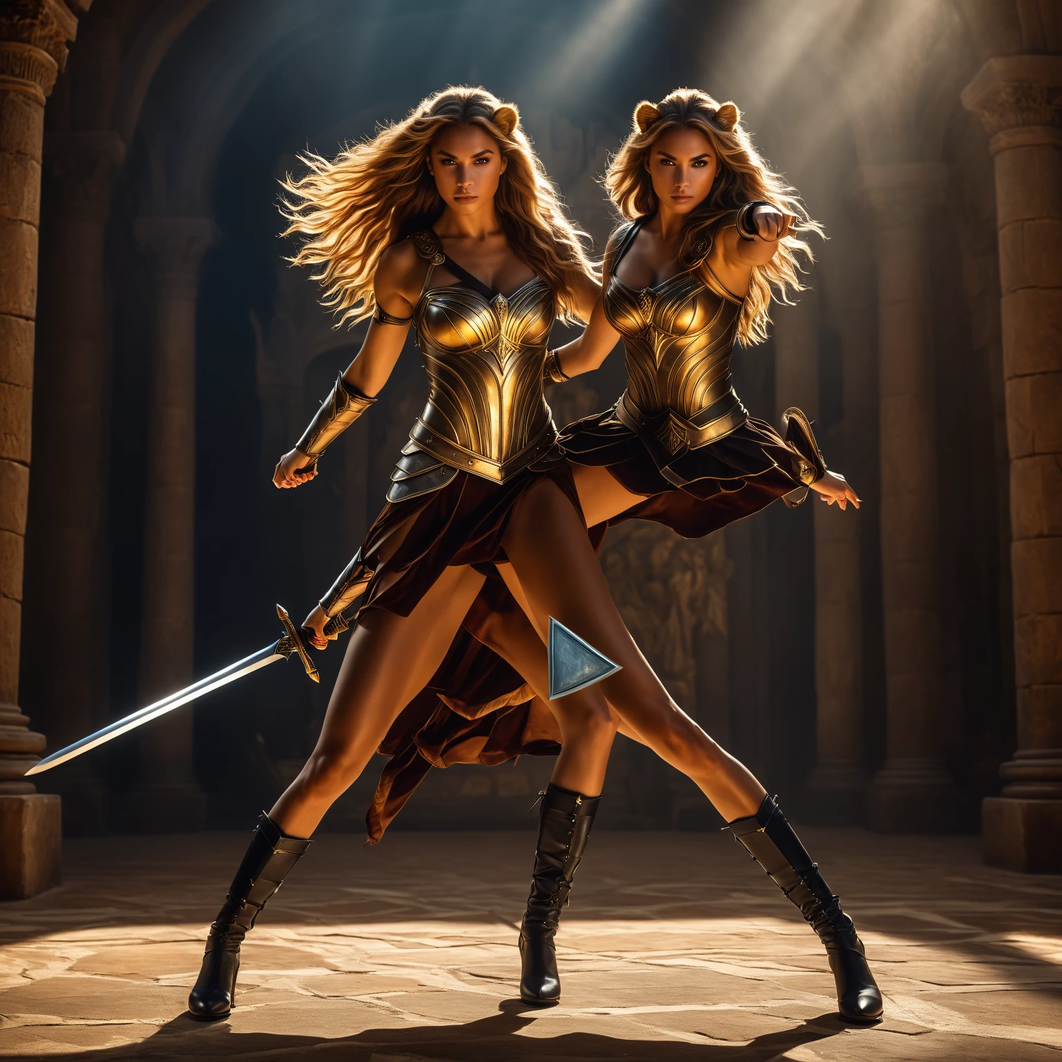 a lioness, long hair, woman with loose hair, woman in short skirt. lion ears. with glowing eyes, dynamic pose, gladiator sword, firm pose. dramatic lighting, cinematic composition, epic fantasy, intricate details, masterful painting, photorealistic, 8k, HDR, cinematic lighting, dramatic colors, fantasy art.