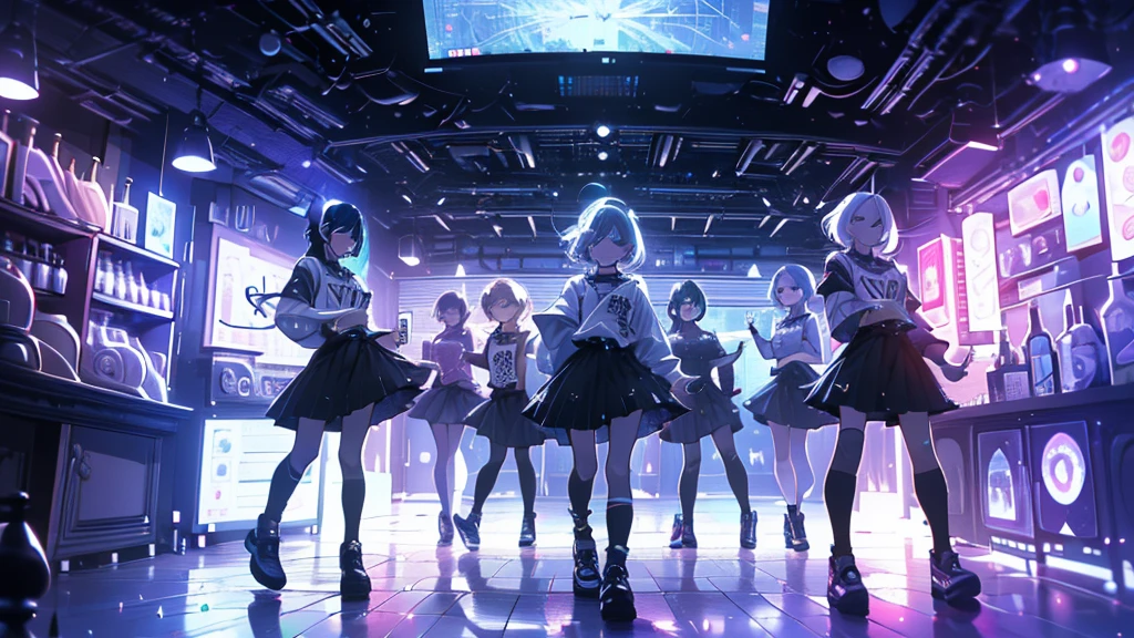 group of barista girls,pastel goth girls, pastel goth outfit, whiskey, bar, pleated skirts, low angle view, neon light, dynamic pose, dynamic movement, running, illustration, highly detailed, cinematic lighting, dramatic shadows, photorealistic, 8k, hyper detailed, masterpiece, best quality, intricate details, chiaroscuro lighting, realistic materials, vivid colors, moody atmosphere, cinematic composition