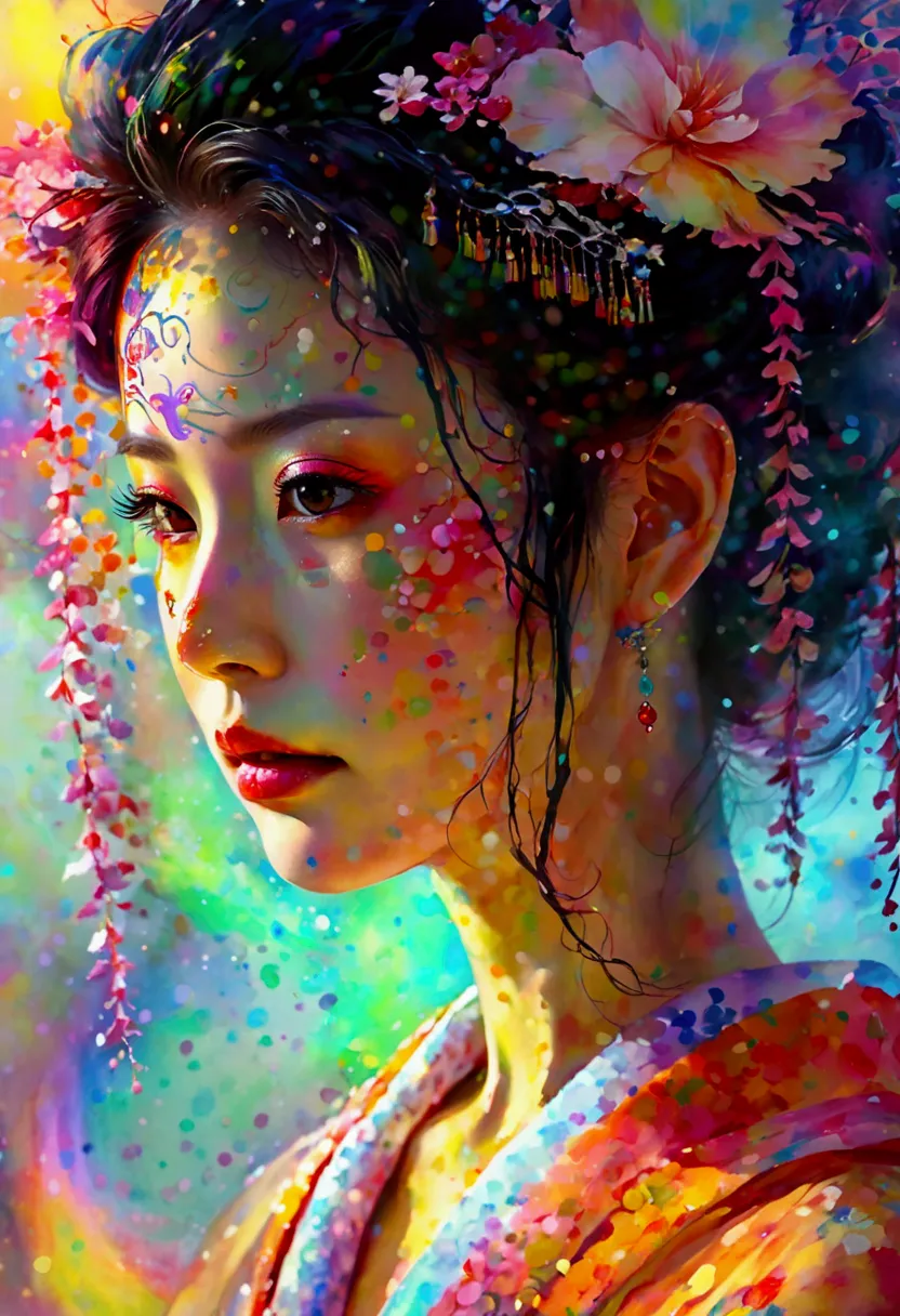 a close-up of a beautiful japanese woman dressed as an oiran, her face enveloped in a mystical, rainbow-colored mist. she has an...