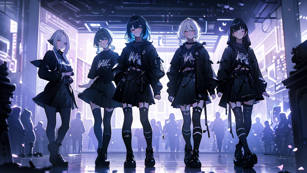 group of barista girls,pastel goth girls, pastel goth outfit, whiskey, bar, pleated skirts, low angle view, neon light, dynamic pose, dynamic movement, running, illustration, highly detailed, cinematic lighting, dramatic shadows, photorealistic, 8k, hyper detailed, masterpiece, best quality, intricate details, chiaroscuro lighting, realistic materials, vivid colors, moody atmosphere, cinematic composition