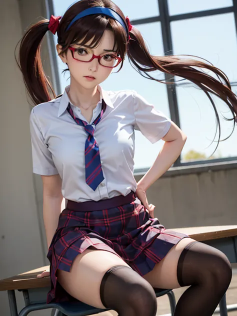 1girl, mari makinami, blue big eyes, brown hair, red rimmed glasses, blue headband, twintails, short sleeves dress shirt, (plaid...