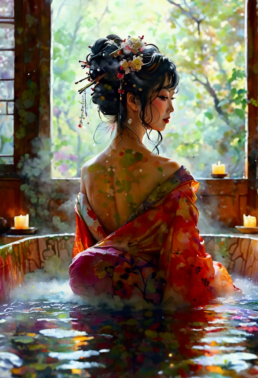 a beautiful japanese woman in her 40s dressed as an oiran, sitting in a bath with her back turned towards the viewer. the scene ...