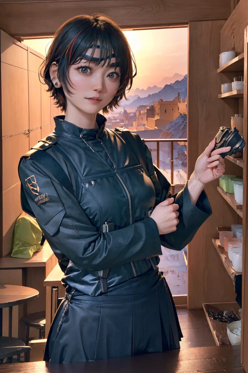 (One Girl), ((desertの戦闘服, Have a weapon, Tactical Goggles, Bulletproof vest, Fully clothed:1.4)), ((Small breasts, small chest with rounded shape,:1.3)), ((Accentuated breasts, Large pelvis, Wide Hips, abdomen, Tight waist, Curvy waist:1.2)), ((slim, 大きな胸とthinウエスト, thin, Skinny belly:1.2)), Modern Hairstyles, Colored striped hair, Hair highlights, ((Proud face)), ((Tattoo:1.1)), Tabletop, Highest quality, Realistic, Ultra-high resolution, Depth of written boundary, (Full dual color neon lighting:1.2), (Detailed face:1.2), (Detailed eyes:1.2), (Detailed Background:1.2), (desert, Action sequence, Cinema Lighting, desertの嵐:1.2) (Tabletop:1.2), (Ultra-detailed), (Highest quality), Complex, Overall Movie, Magical Pictures, (Gradation), colorful, Detailed landscape, Visual Key, Glowing Skin,