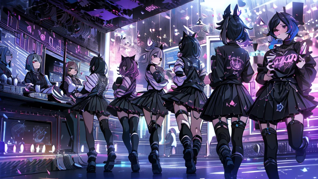 group of barista girls,pastel goth girls, pastel goth outfit, whiskey, bar, pleated skirts, low angle view, neon light, dynamic pose, dynamic movement, running, illustration, highly detailed, cinematic lighting, dramatic shadows, photorealistic, 8k, hyper detailed, masterpiece, best quality, intricate details, chiaroscuro lighting, realistic materials, vivid colors, moody atmosphere, cinematic composition