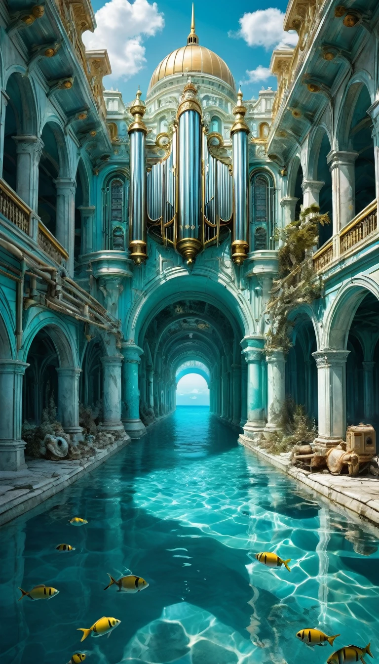 mysterious work of art painted with unusual techniques, conceptual installation art, high and fine artwork, mechanical underwater city, exposed mechanical parts, huge pipe organ with white and gold-plated marble pattern, sign saying "Treasure", crystal clear Tiffany blue seawater, background cracks and faults, the mouth and teeth of something gigantic faintly visible in the distance, delicate and dynamic textures, contrasts of light and shadow, 2.5D, artistic photography, hyper realistic, graphic CG digital art, ultra detailed, absolutely resolution, best quality