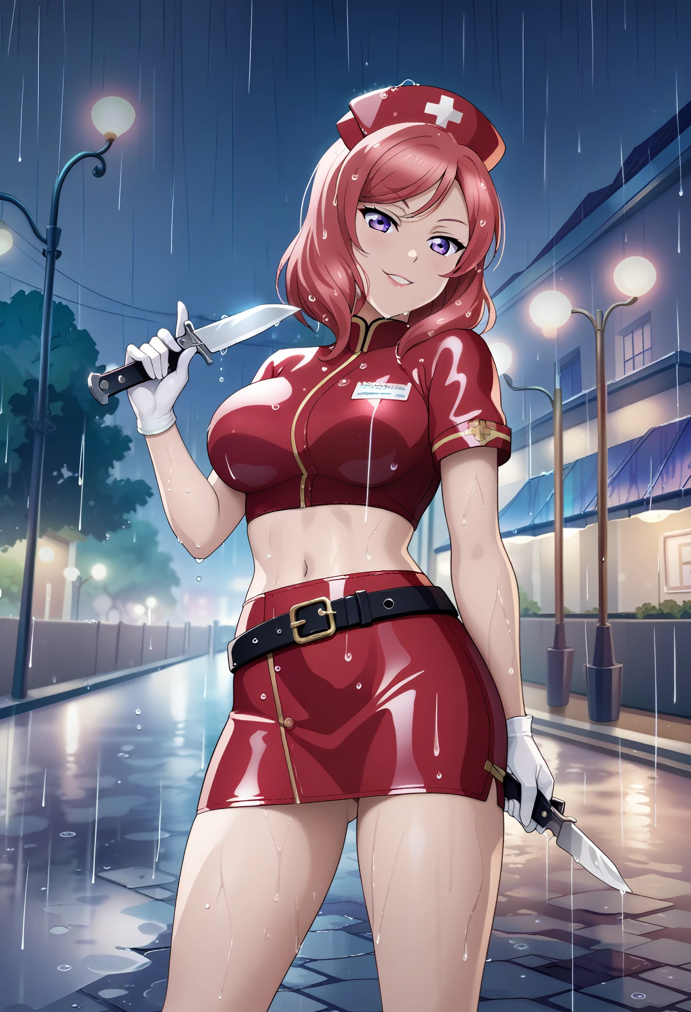 masterpiece, best quality, nishikino maki,red hair, medium hair, purple eyes , nurse, nurse cap, big breasts, red crop top, blue short sleeves,gloves,red skirt,belt,(skin tight:1.2),in Street, holding small knife , evil smile, standing, legs apart , night,wet, rain 