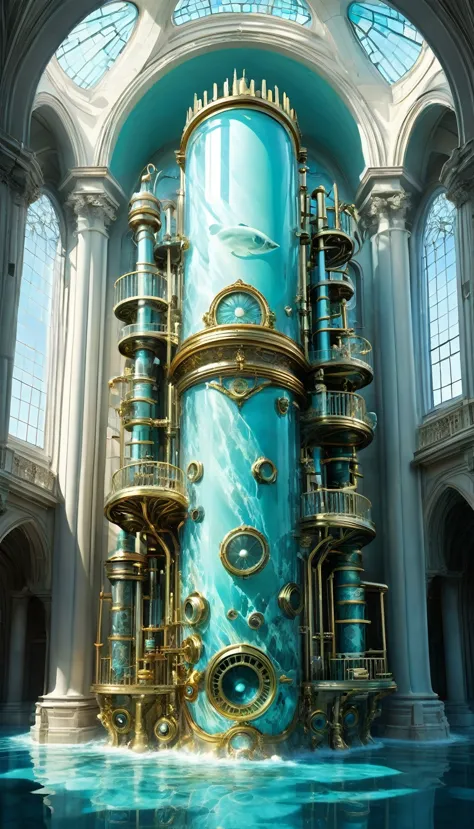 mysterious work of art painted with unusual techniques, conceptual installation art, high and fine artwork, mechanical underwater city, exposed mechanical parts, huge pipe organ with white and gold-plated marble pattern, sign saying "Treasure", crystal clear Tiffany blue seawater, background cracks and faults, the mouth and teeth of something gigantic faintly visible in the distance, delicate and dynamic textures, contrasts of light and shadow, 2.5D, artistic photography, hyper realistic, graphic CG digital art, ultra detailed, absolutely resolution, best quality