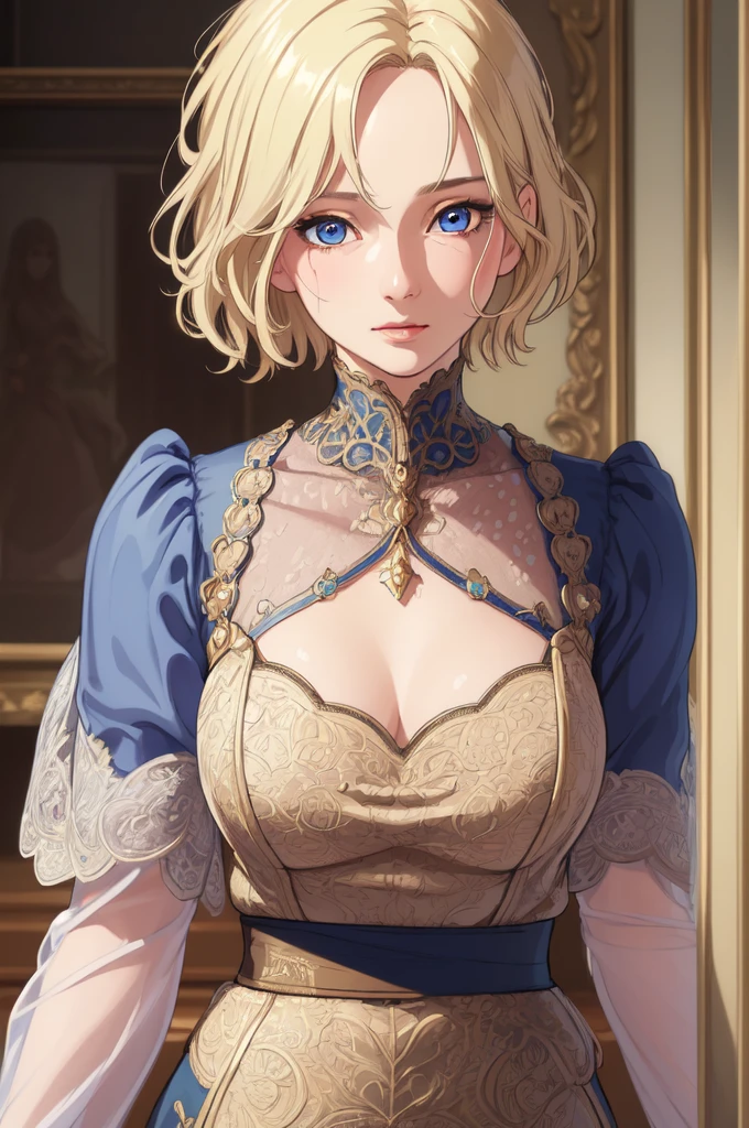 (masterpiece: 1.2, Highest quality), Realistic, (Realistic Picture, Intricate details, Depth of written boundary), Highest quality, masterpiece, Very detailed, Semi Realistic, 1 girl, Mature Woman, 2, Blonde Short Hair, The left eye is covered with hair, blue eyes, King&#39;s Clothes, Red Cape, Slim figure, A crown made of precious gold, Document reading and markup, Goose hair pen, Office Table, Soft bench