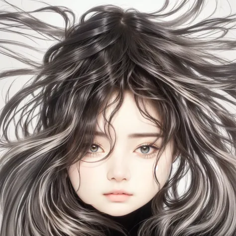 a drawing of a woman with long hair and a black top, psychedelic flowing hair, flowing hair, hair flowing, wavy hair spread out,...