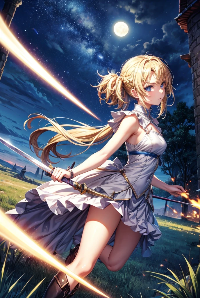 anime, female, swordsman, running at full speed, jumping, sword fighting, serious look, looking ahead, semi long, low twintails, shiny hair, wavy hair, blonde, gradient hair, blue eyes, with sparkling eyes, shiny skin, slender, with a sword, adult, Epic Battle Scene, in the grassland, with a tower, at night, cowboy shot, front view, ground-level shot, dynamic angle, cowboy shot, moonlight, shining lights