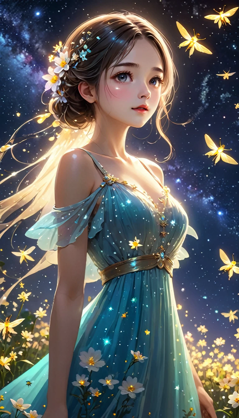 Highest quality, Great quality, 8k, Very detailed, 2.5D, delicate and dynamic, Fireflies flying around with small lights, night, Starry Sky, milky way, nebula, shooting star, Flowers, bird, Kind eyes,The expression of mercy, Delicate facial depiction,  Healthy body shape, Small breasts,  Colorful long dress, Absurd,