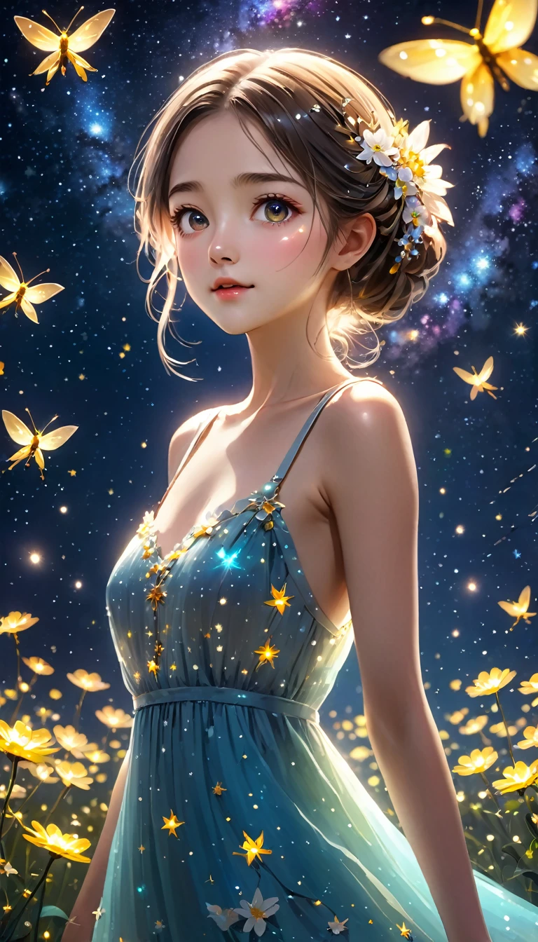 Highest quality, Great quality, 8k, Very detailed, 2.5D, delicate and dynamic, Fireflies flying around with small lights, night, Starry Sky, milky way, nebula, shooting star, Flowers, bird, Kind eyes,The expression of mercy, Delicate facial depiction,  Healthy body shape, Small breasts,  Colorful long dress, Absurd,