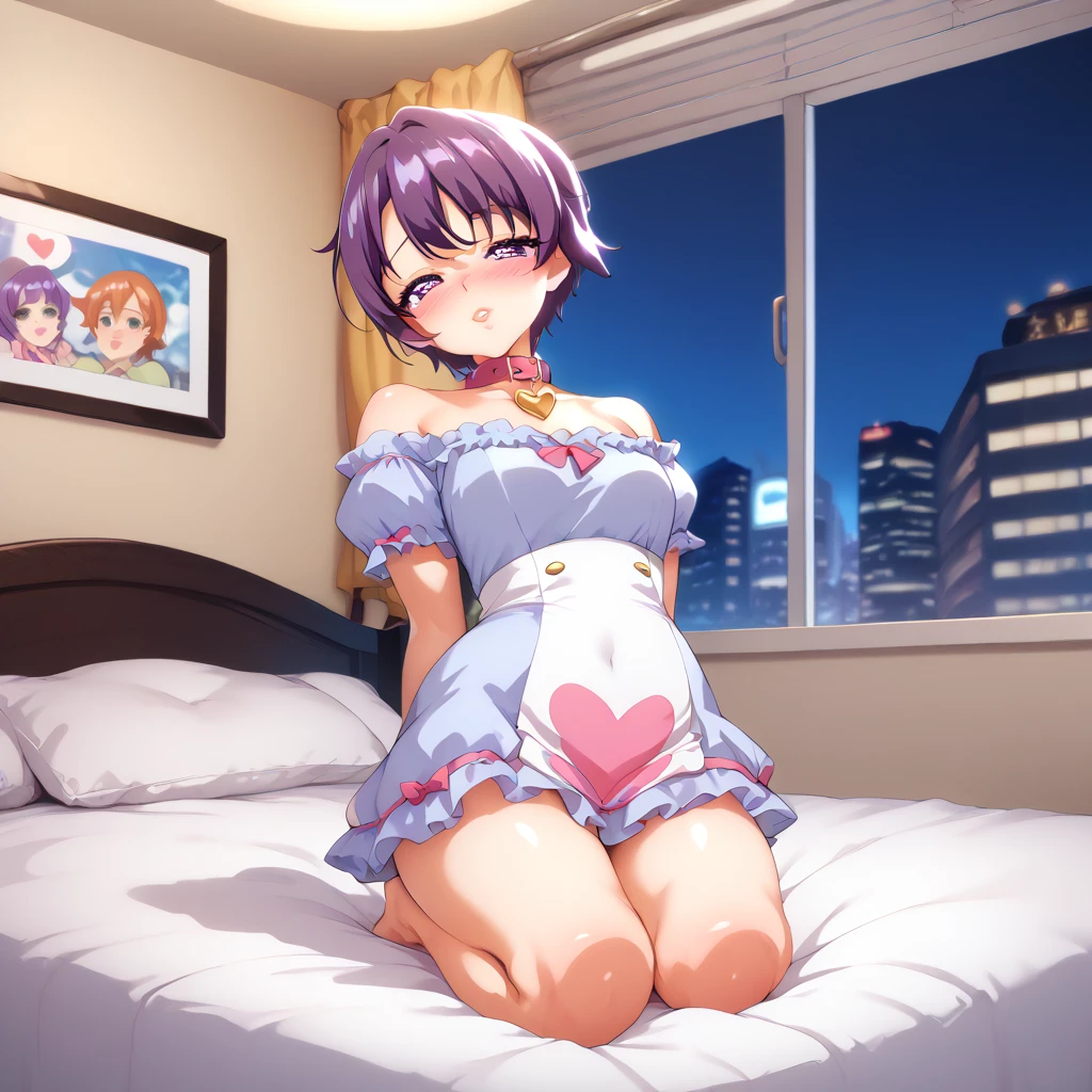 (SFW) (Best quality) Mako-Chan Kaihatsu Nikki, low angle, short purple hair, big purple eyes, fully lidded eyes, puckered lips, plump lips, blushing, white mini sleeping dress, turtle neck, night, lights off, city, moonlit Ambience, bedroom, on bed, posing, pink dog collar, hands on bed, kneeling , submissive, heart shaped pupils, flushed body, feeling sexy, big boobs