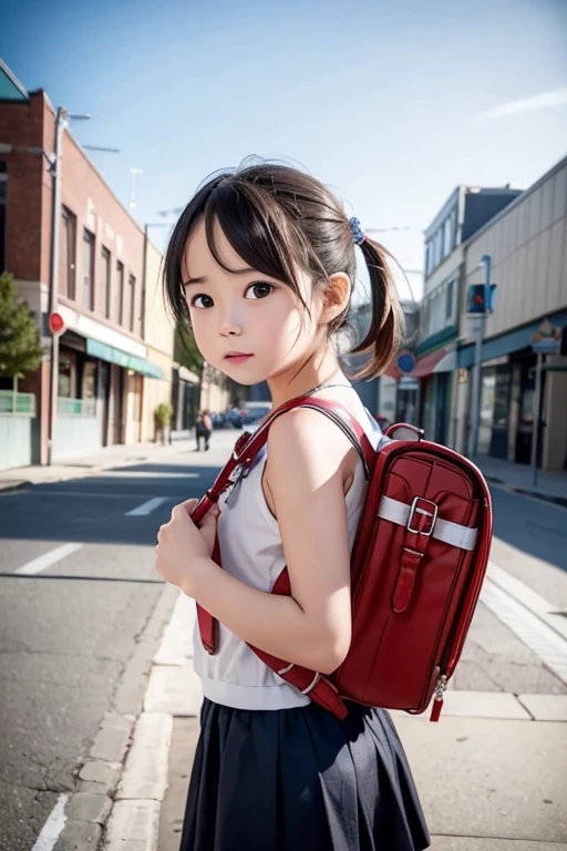 A chaotic group of buildings in a quiet and beautiful landscape, Sidewalk，intersection, detaileded reflections, complexity, high detailed, Drama, Top quality masterpiece, photorealistic realism, detailed, 8k, High resolution, Backlight, Hello, flash, chromatic aberration, Sharp focus，(little girl ○f 10 y..○: 1.4)，Red School Bag，nsfw