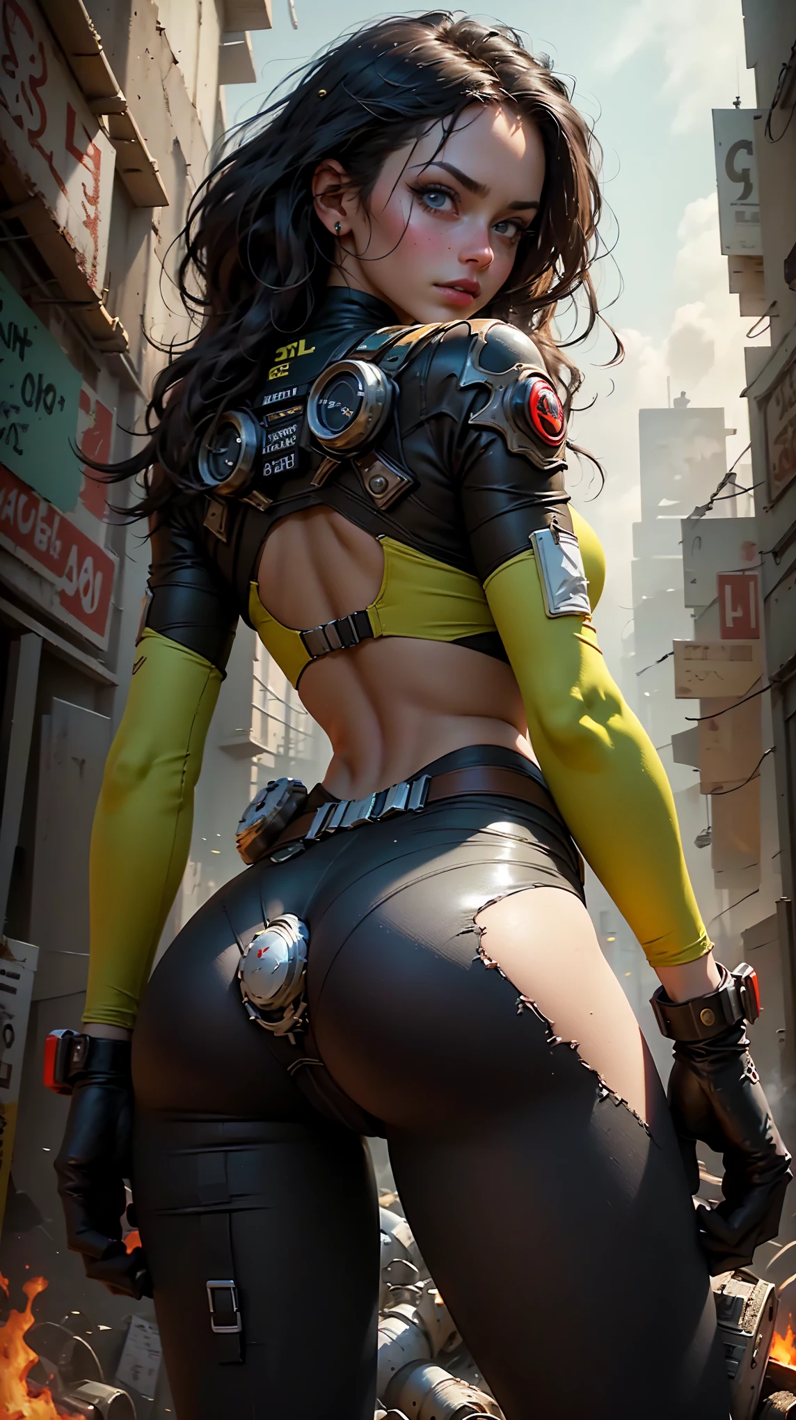 Retrato Motor irreal:1.4,CG ultra realista K, fotorrealista:1.4, textura da pele:1.4, obra prima:1.4,Beautiful woman posing from behind in yellow latex lingerie posing in an apocalyptic city of fire,knee tights, Cyberpunk, beautiful thin hands,(Foto 8k)), HDR ,super realista,.RAW, DETALHES HIPER-REALISTA, (Film style)cores vivas