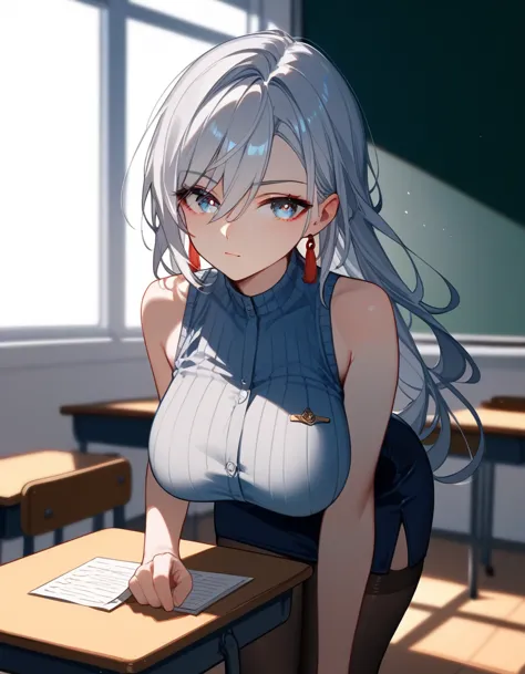 highest quality、one woman, age 26、female teacher、silver hair、long hair、hanging eyes、blue eyes、bangs between the eyes、big breasts...