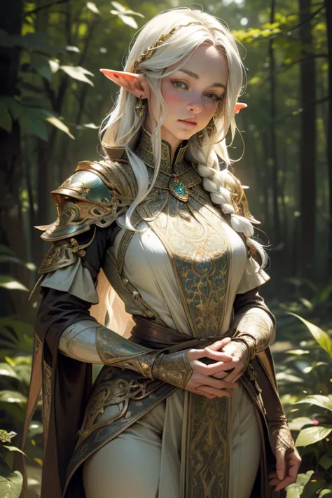 a mature female elf with long braided white hair, pointed ears, green eyes, thin lips, and a round face, wearing a chainmail top...