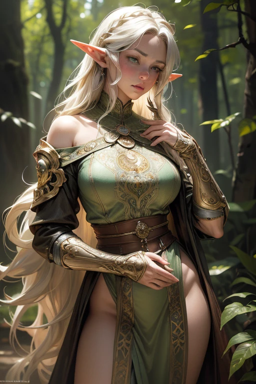 A mature female elf with long braided white hair, pointed ears, green eyes, thin lips, and a round face, wearing a chainmail top that covers the upper chest, shoulder pads, long leather gloves reaching the forearms, holding a large ornate jeweled sword, in an elven forest setting, (best quality, 4k, 8k, highres, masterpiece:1.2), ultra-detailed, (realistic, photorealistic, photo-realistic:1.37), anatomically correct, high resolution, illustration, art nouveau style, by Alfons Mucha