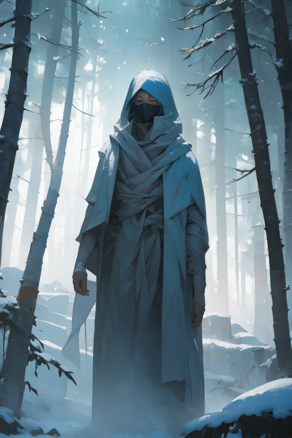 Mysterious man wearing a raincoat in the forest, snow, face covered with bandages