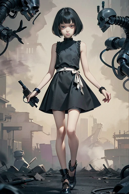 (masterpiece), (High resolution), (Full body portrait), （cyber punk）、Black bowl cut、Sleeveless skull print dress、 Dark atmosphere, Flat Illustration, Creepy Appearance, Characteristic hairstyle, creative accessories, Unique atmosphere,A Little Nightmare、holding a pistol in both hands,pencil-work
