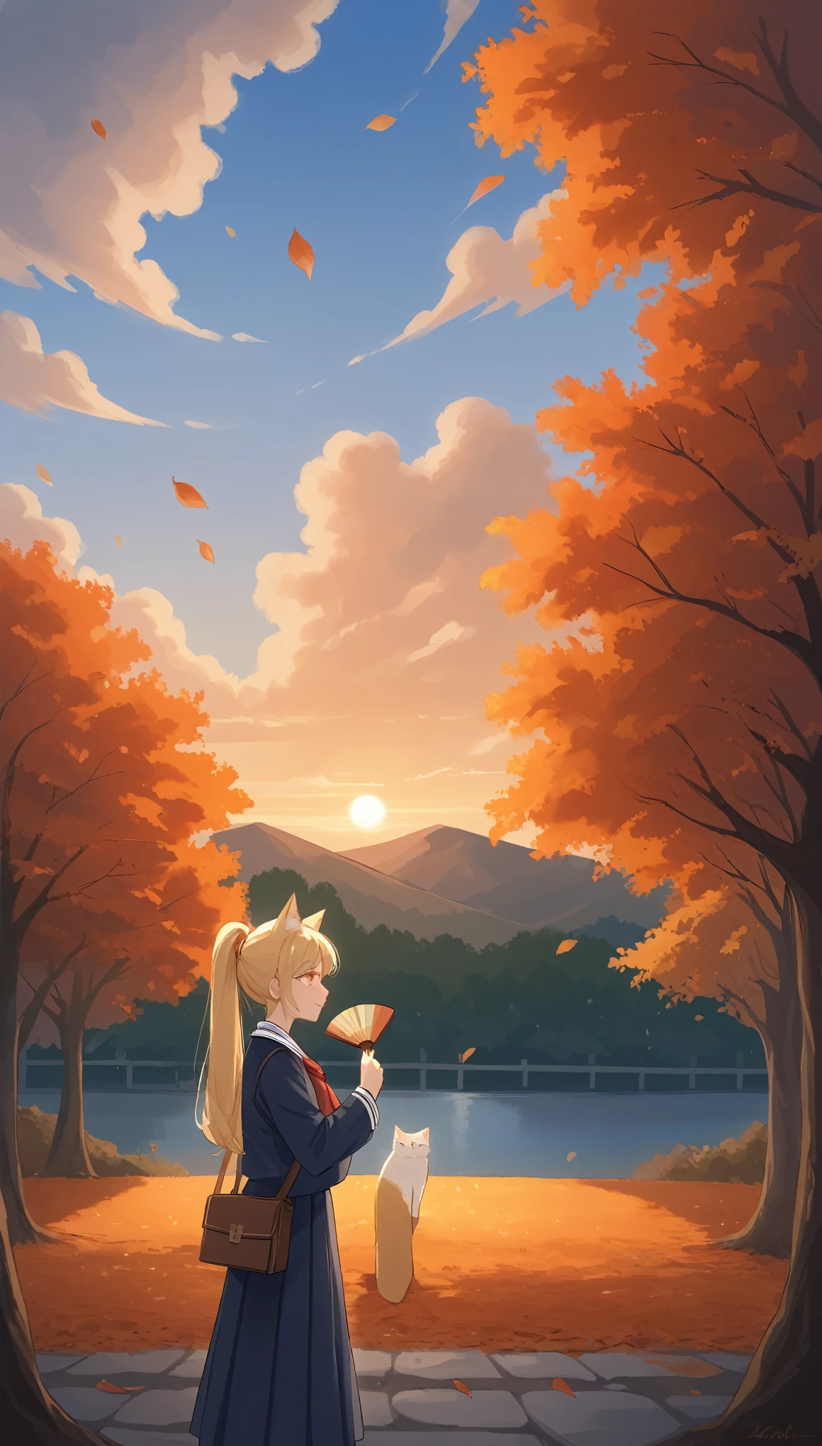 Masterpiece, 4K, bokeh, (School uniform:1.3), (Bright Blonde hair:1.6), (ponytail:1.2), (Blushed face:1.3), (Plump breast:1.2), (Cat ears:1.3),(From Side:1.8),

A beautiful woman standing in a serene autumn landscape,

(She's looking at us, holding a original Sweet potato with both hands and bringing it close to her mouth to eat:1.5), 
The scene is set in a traditional Japanese garden with maple trees in full autumnal bloom, their vibrant leaves scattered on the ground. The woman holds a delicate hand fan with a subtle floral design, her hair adorned with an autumn-themed hairpin, such as a maple leaf or chrysanthemum flower. The warm, golden sunlight filters through the trees, casting a soft glow on her face. Surrounding her are iconic autumn symbols like ripe persimmons and clusters of red spider lilies, adding to the seasonal atmosphere. The overall mood is tranquil and nostalgic, evoking the beauty and peacefulness of autumn, (Sundown:1.3), (Beautiful orange sky and clouds:1.5),