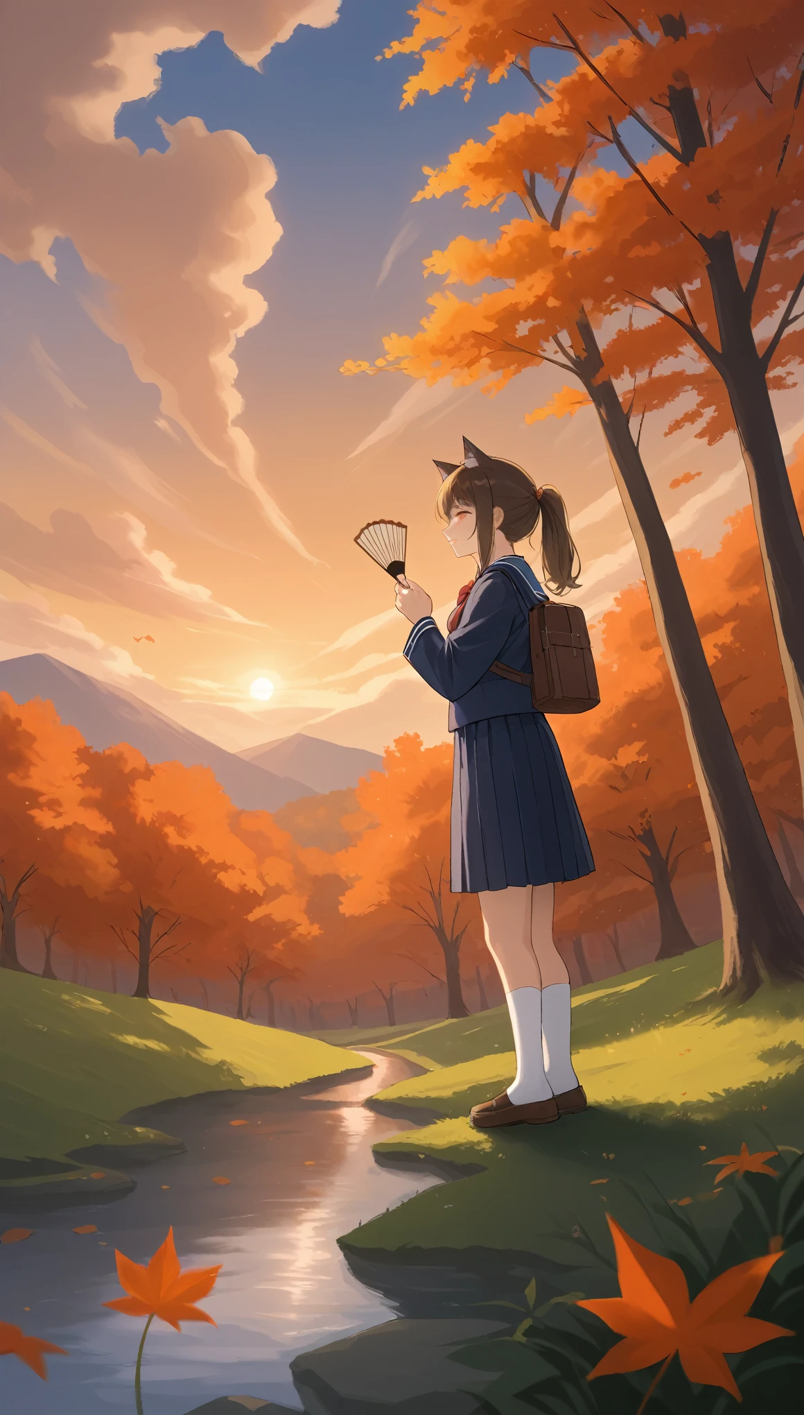 Masterpiece, 4K, bokeh, (School uniform:1.3), (Bright Blonde hair:1.6), (ponytail:1.2), (Blushed face:1.3), (Plump breast:1.2), (Cat ears:1.3),(From Side:1.8),

A beautiful woman standing in a serene autumn landscape,

(She's looking at us, holding a original Sweet potato with both hands and bringing it close to her mouth to eat:1.5), 
The scene is set in a traditional Japanese garden with maple trees in full autumnal bloom, their vibrant leaves scattered on the ground. The woman holds a delicate hand fan with a subtle floral design, her hair adorned with an autumn-themed hairpin, such as a maple leaf or chrysanthemum flower. The warm, golden sunlight filters through the trees, casting a soft glow on her face. Surrounding her are iconic autumn symbols like ripe persimmons and clusters of red spider lilies, adding to the seasonal atmosphere. The overall mood is tranquil and nostalgic, evoking the beauty and peacefulness of autumn, (Sundown:1.3), (Beautiful orange sky and clouds:1.5),