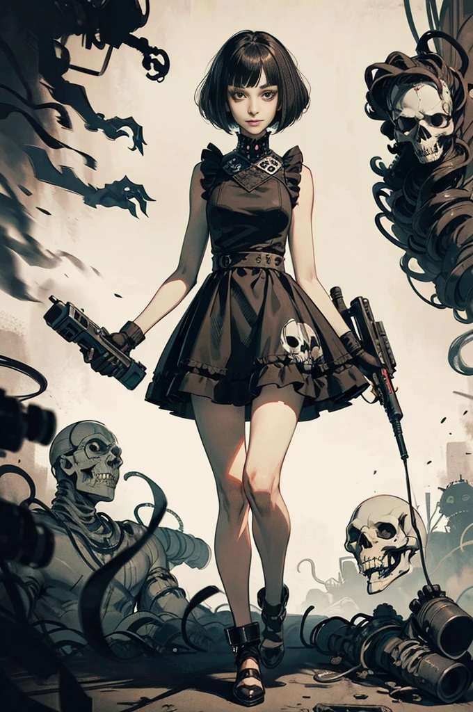 (masterpiece), (High resolution), (Full body portrait), （cyber punk）、Black bowl cut、Sleeveless skull print dress、 Dark atmosphere, Flat Illustration, Creepy Appearance, Characteristic hairstyle, creative accessories, Unique atmosphere,A Little Nightmare、holding a pistol in both hands,pencil-work
