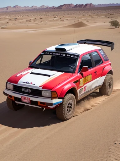 desert, rally car, (Jump in a rally car and take a huge jump through the desert:1.3), messy hair, (red t-shirt), (white shorts), long shot, ground-level shot