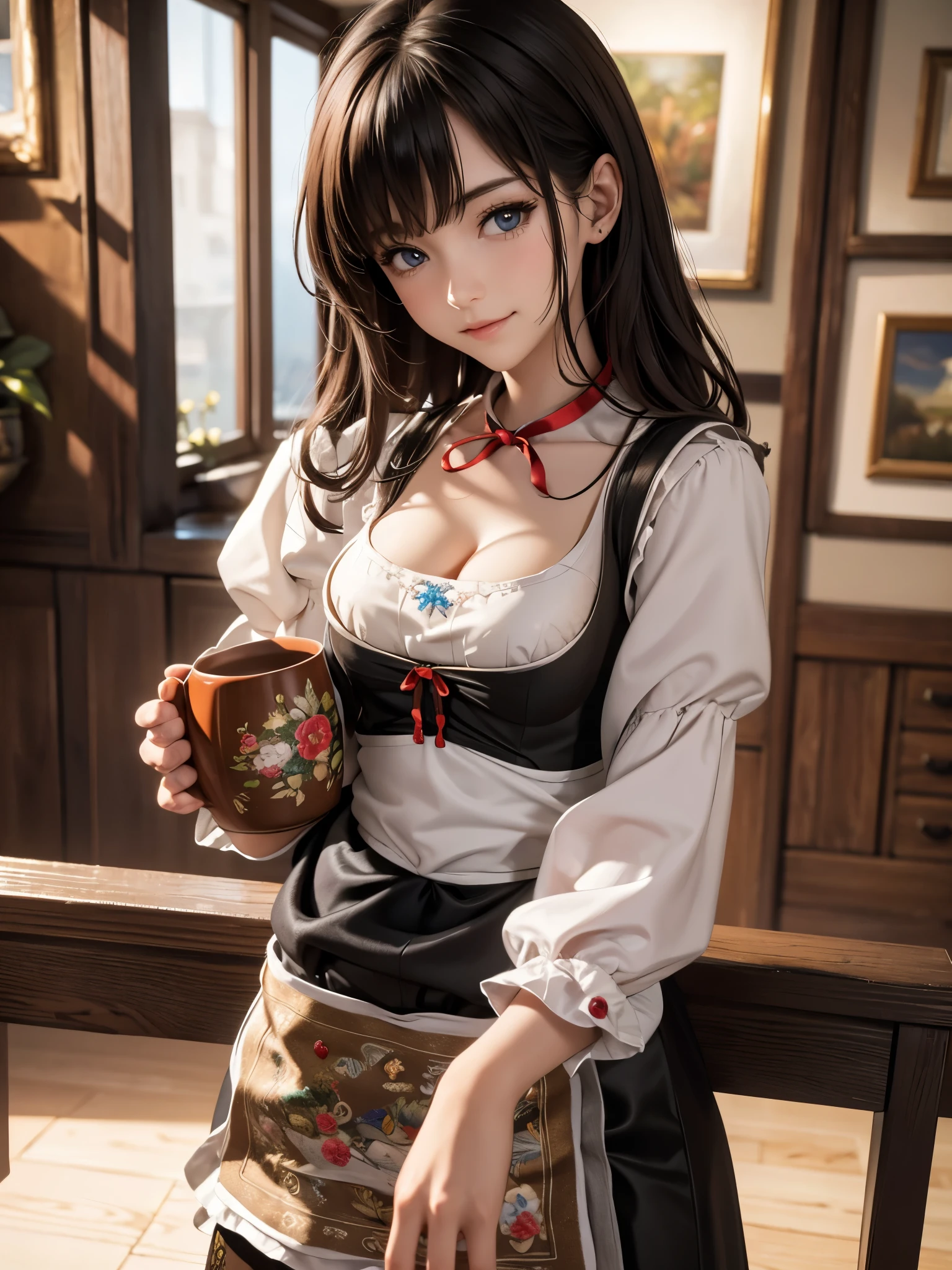 ((Highest quality)),(Ultra-high resolution),(Super detailed),(Detailed Description),((The best CG)),(masterpiece),Highly detailed art,(Art with precise detail:1.5), (Dirndl:1.7),smile:1.1,Upper breast:1.3,Redhead:1.1,Sky-blue eyes:1.3,light:1.4, (Wooden mug:1.3), Harvest Festival:1.6,busy:1.3,