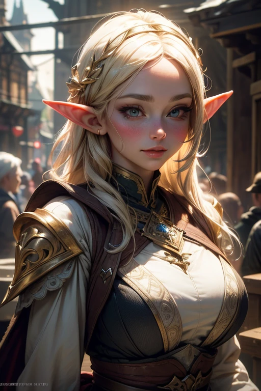 a beautiful young elf peasant girl, extremely detailed sexy elf peasant outfit, very large breasts, chubby, smiling face, blonde hair, bright shiny day in the village, beautiful women, (best quality,4k,8k,highres,masterpiece:1.2),ultra-detailed,(realistic,photorealistic,photo-realistic:1.37),detailed face,extremely detailed eyes and face,beautiful detailed eyes,beautiful detailed lips,longeyelashes,intricate details,vivid colors,cinematic lighting,fantasy art