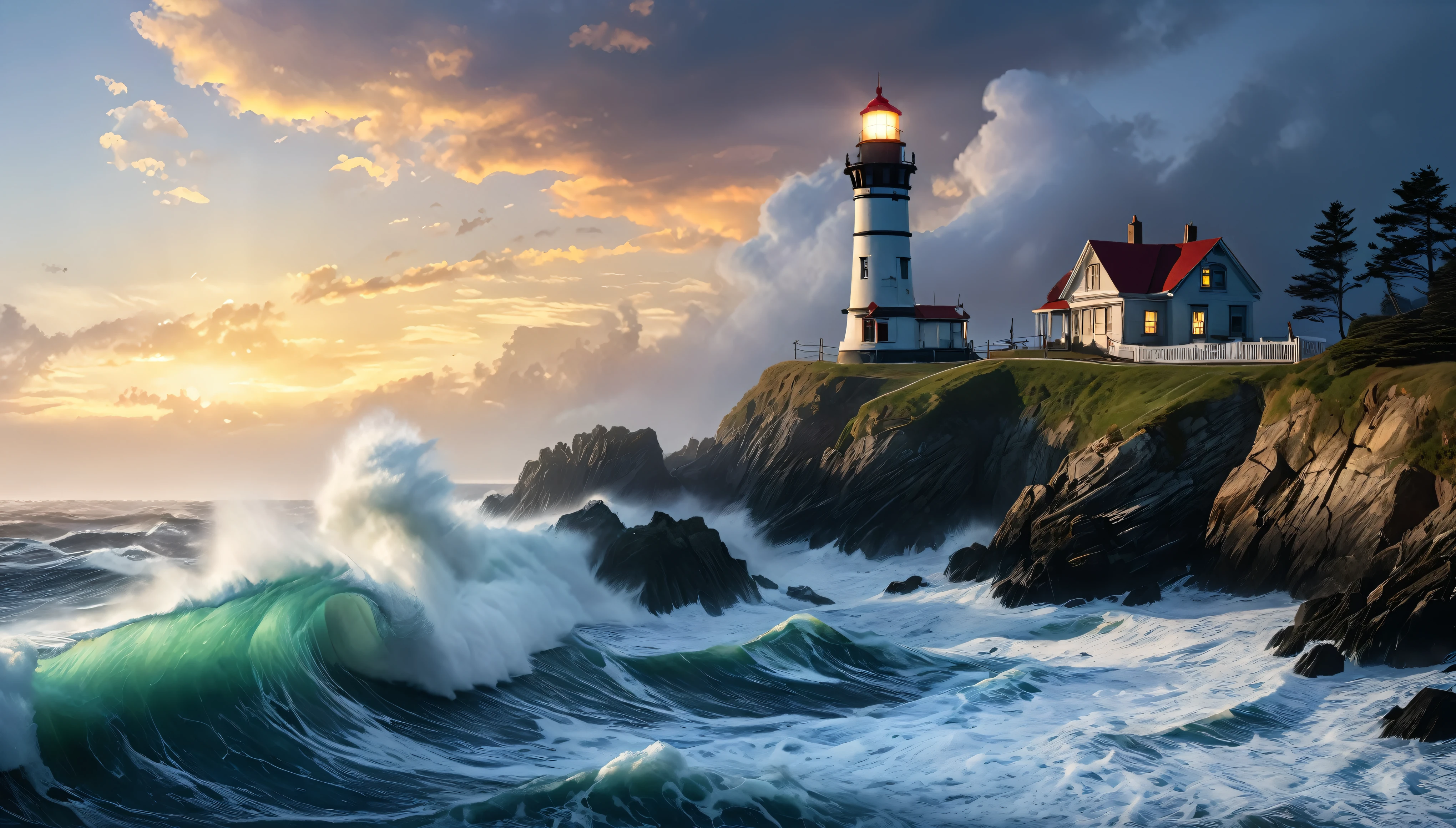 Stunning, premium, Illustration, wide angle, Lighthouse, standing tall, guiding lost sailors, rocky coast, crashing waves, foggy night, rim light, studio light, luminous, soft glow, dynamic lighting, silhouette of a woman, watercolors, realistic, contrast, dreamcore, cinematic, Thomas Kinkade.