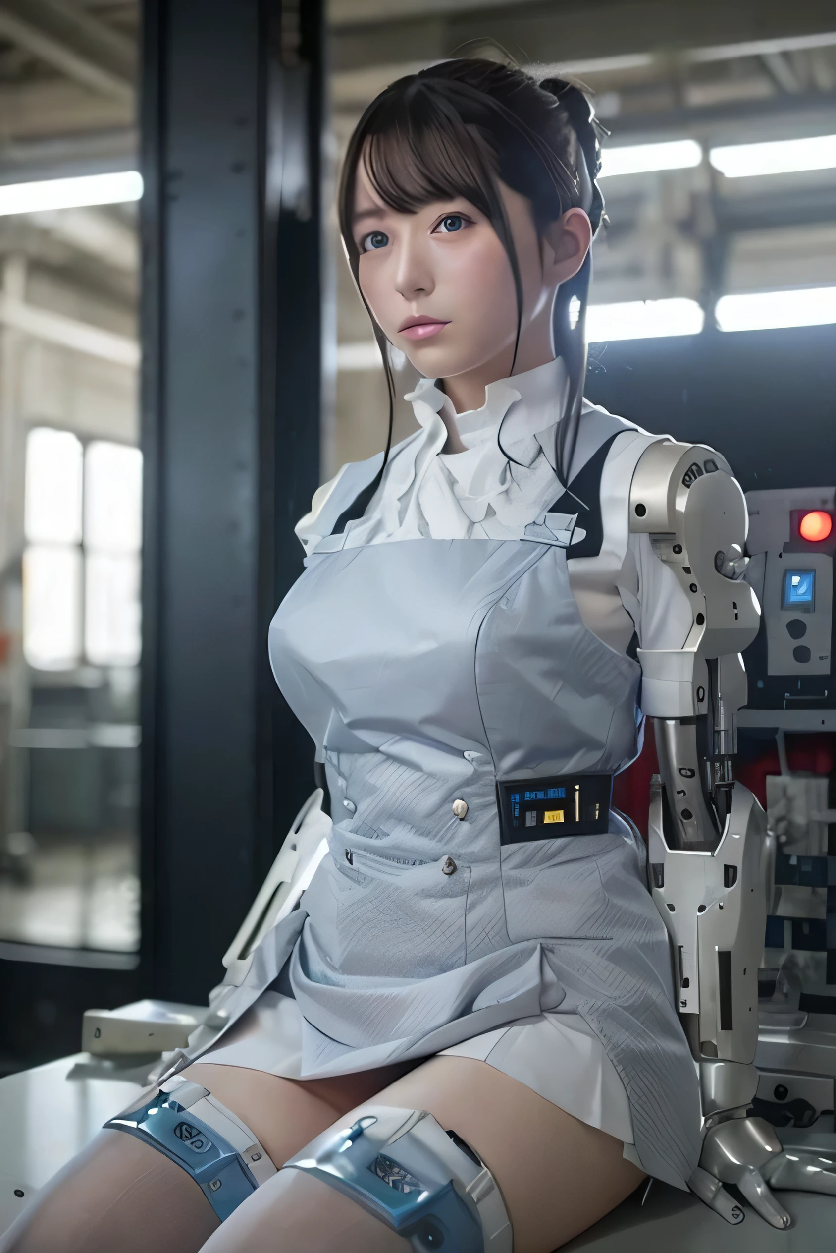 masterpiece, best quality, extremely detailed, Japanese android girl,Plump ,control panels,Mechanical Hand,Robot arms and legs, robot assembly plant,white robot body,blunt bangs,skirt,black knee high socks,sitting,blue  eyes