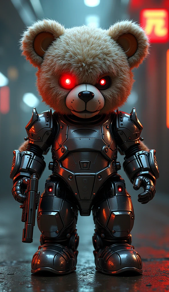 cyberpunk teddy bear, sci-fi, neons, mechanical armor, laser gun, mechanical red cybereyes, painted punkstyle fur,  hyperrealistic, 8k, intricate details, highly detailed, industrial style, glowing lights, sharp focus, volumetric lighting, cinematic lighting, moody lighting, dynamic composition, photorealistic, chiaroscuro lighting, dramatic lighting, advanced 3d modeling, seamless integration, mechanical limbs, advanced robotics, complex machinery, futuristic technology, advanced engineering, intricate mechanisms, gleaming metal surfaces, glowing cybernetic implants, dynamic poses, cinematic framing, dramatic camera angles