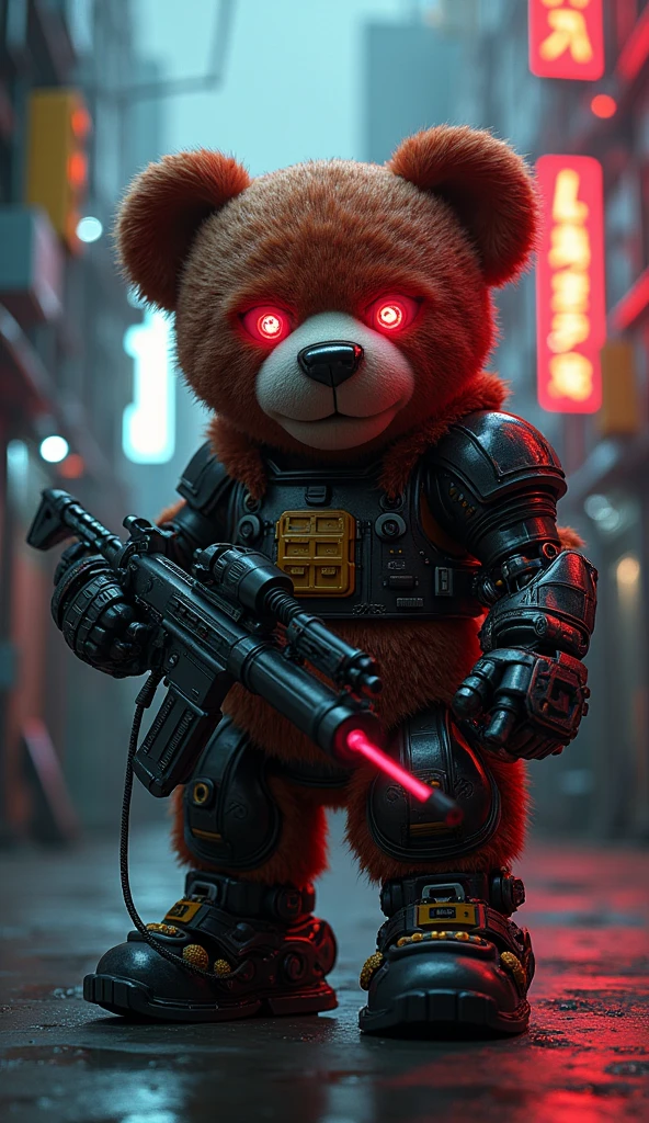 cyberpunk teddy bear, sci-fi, neons, mechanical armor, laser gun, mechanical red cybereyes, painted punkstyle fur,  hyperrealistic, 8k, intricate details, highly detailed, industrial style, glowing lights, sharp focus, volumetric lighting, cinematic lighting, moody lighting, dynamic composition, photorealistic, chiaroscuro lighting, dramatic lighting, advanced 3d modeling, seamless integration, mechanical limbs, advanced robotics, complex machinery, futuristic technology, advanced engineering, intricate mechanisms, gleaming metal surfaces, glowing cybernetic implants, dynamic poses, cinematic framing, dramatic camera angles