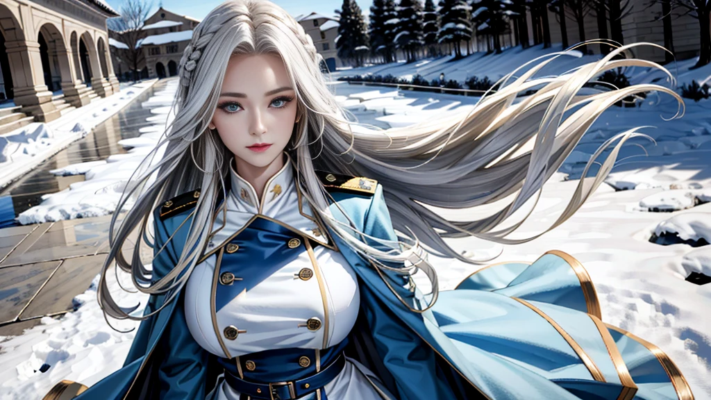 (highest resolution, distinct_image), realistic, Best quality, single person, one girl, solo, (((masterpiece))), (((high detailed eyes))), long hair, braided white blond hair, (blue military uniform underneath the coat), depth of field, (falling snow), ((big breasts)), authoritative, dignified, calm and powerful expression, ambient lighting, exquisite facial feature, (fur-trimmed white coat), open coat, short skirt, looking at viewer, head to waist, dynamic angle, light smile, ((from front)), ((quiet and spacious plaza in background))