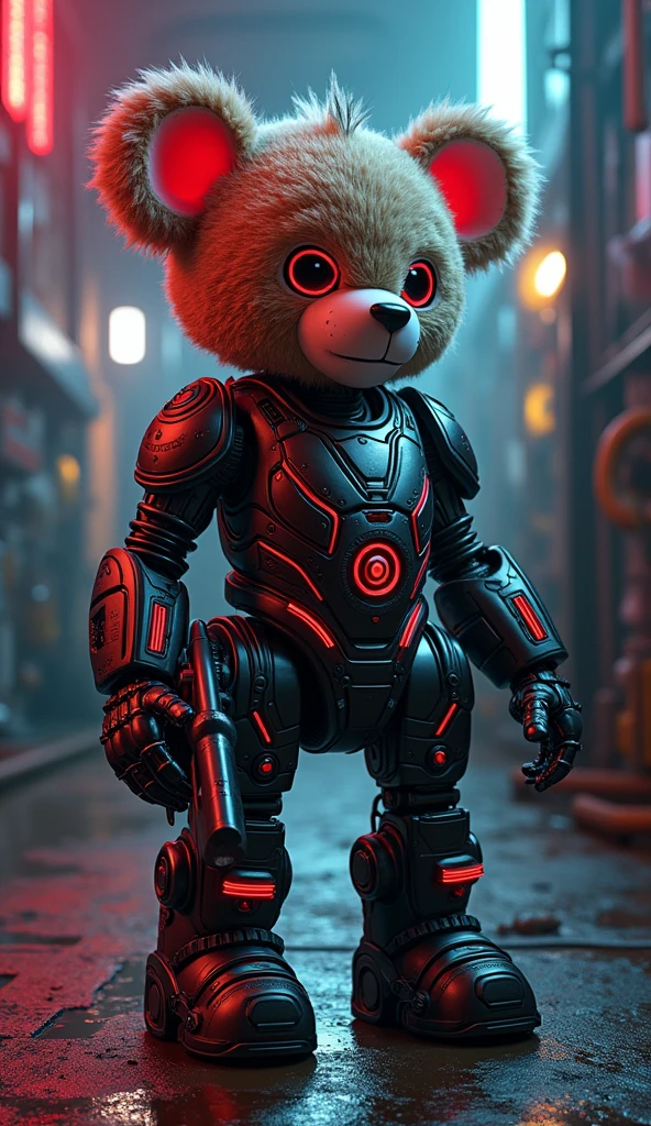 cyberpunk teddy bear, sci-fi, neons, mechanical armor, laser gun, mechanical red cybereyes, painted punkstyle fur,  hyperrealistic, 8k, intricate details, highly detailed, industrial style, glowing lights, sharp focus, volumetric lighting, cinematic lighting, moody lighting, dynamic composition, photorealistic, chiaroscuro lighting, dramatic lighting, advanced 3d modeling, seamless integration, mechanical limbs, advanced robotics, complex machinery, futuristic technology, advanced engineering, intricate mechanisms, gleaming metal surfaces, glowing cybernetic implants, dynamic poses, cinematic framing, dramatic camera angles