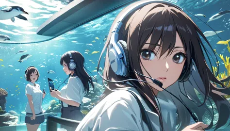 dark-haired woman with headphones at the aquarium,penguins swimming above、listen to music、japanese