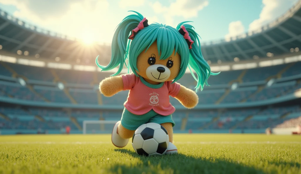 (8k, Highest quality, masterpiece: 1.2), Super detailed, Highest quality, Ultra-high resolution, Professional Lighting, Photon Mapping, Radio City, Physically Based Rendering, Cinema Lighting, Depth of written boundary, focus on, Light of the sun, Good composition,,A teddy bear dressed as Hatsune Miku is playing soccer on a stadium