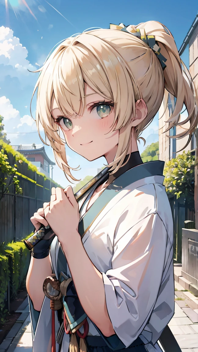 ,Highest quality,Blonde,Green Eyes,ponytail,Sportswear,garden,blue sky,smile,Japanese sword,sword,slender,