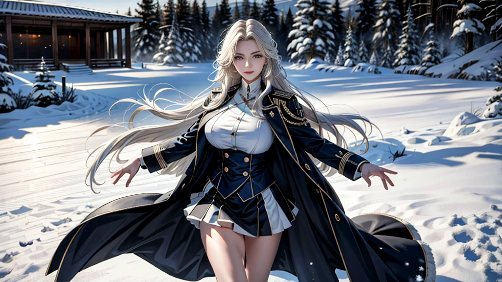 (highest resolution, distinct_image), realistic, Best quality, single person, one girl, solo, (((masterpiece))), (((high detailed eyes))), long hair, braided white blond hair, (blue military uniform underneath the coat), depth of field, (falling snow), ((big breasts)), authoritative, dignified, calm and powerful expression, ambient lighting, exquisite facial feature, (fur-trimmed white coat), open coat, short skirt, looking at viewer, head to waist, dynamic angle, light smile, ((from front)), ((quiet and spacious plaza in background))