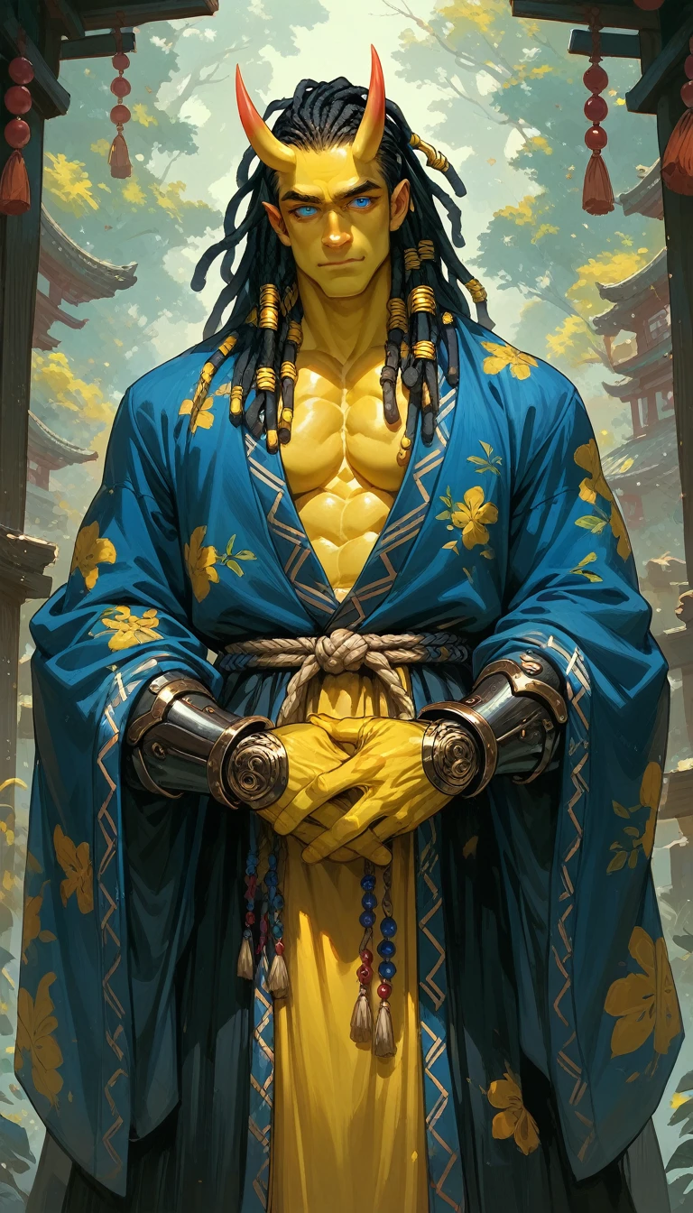 score_9, score_8_up, score_7_up, 1man, black hair, dreadlocks, ((yellow skin)), blue eyes, black sclera, oni horns, monk bead, robe, gauntlets, four arms, muscular, long skirt