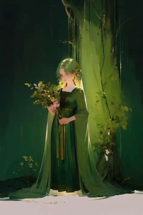 girl, green hair, long hair, green dress, , fungi, in the glowing cave