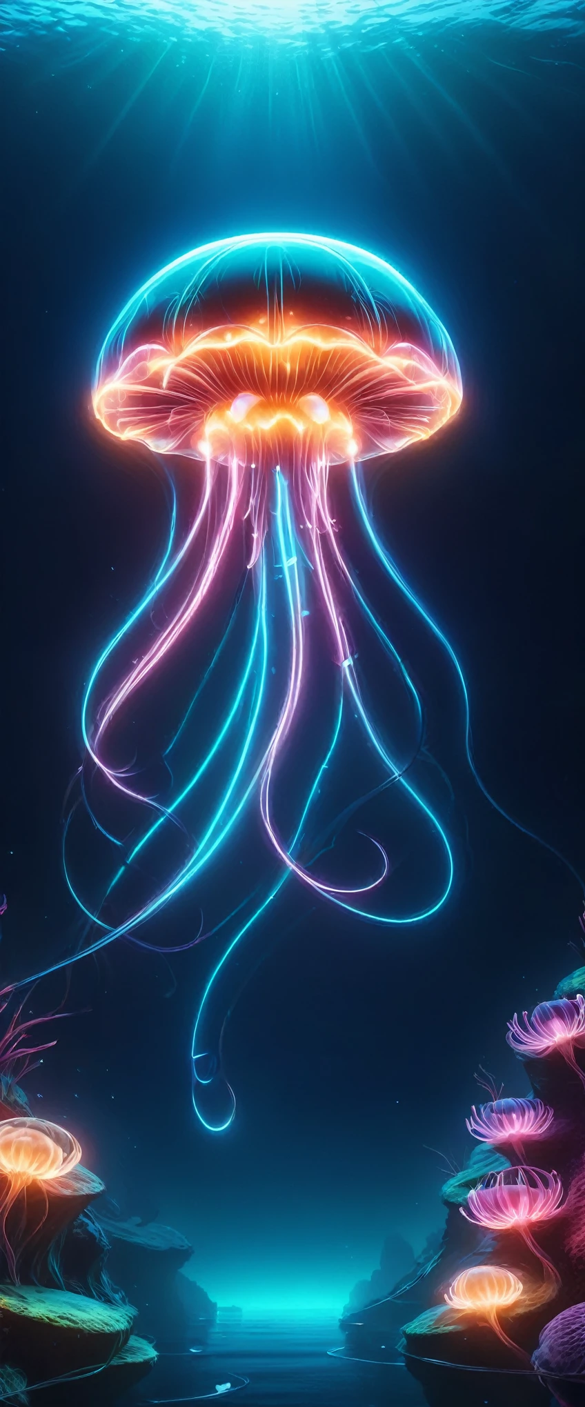 a beautiful deep sea landscape, glowing jellyfish, bioluminescent creatures, underwater world, mysterious ocean depths, ethereal lighting, serene and tranquil atmosphere, (best quality,4k,8k,highres,masterpiece:1.2),ultra-detailed,(realistic,photorealistic,photo-realistic:1.37),dramatic lighting, moody colors, cinematic composition, aquatic life, surreal and dreamlike, fantasy underwater scene