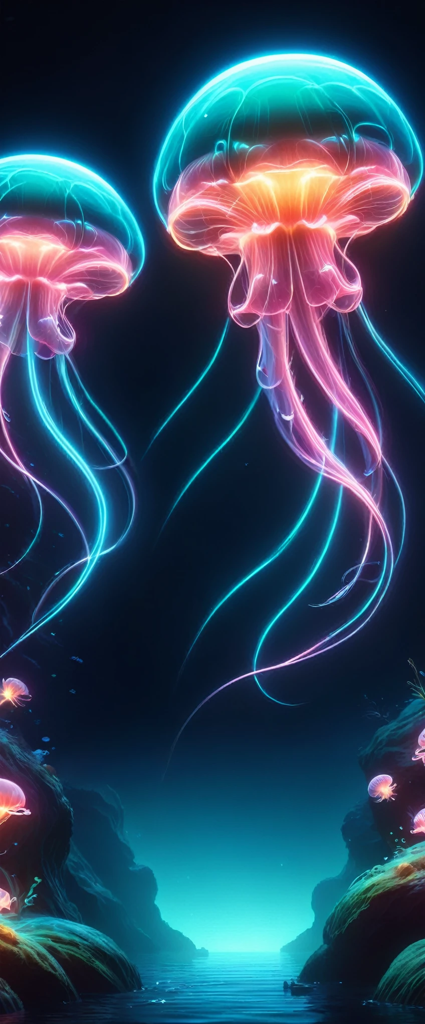 a beautiful deep sea landscape, glowing jellyfish, bioluminescent creatures, underwater world, mysterious ocean depths, ethereal lighting, serene and tranquil atmosphere, (best quality,4k,8k,highres,masterpiece:1.2),ultra-detailed,(realistic,photorealistic,photo-realistic:1.37),dramatic lighting, moody colors, cinematic composition, aquatic life, surreal and dreamlike, fantasy underwater scene