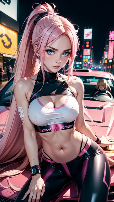 anime girl, long blonde hair with pink streaks, ponytail, pink eyes, sitting on the hood of a tuned sports car, car with anime g...