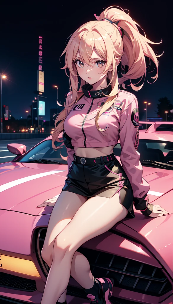 anime girl, long blonde hair with pink streaks, ponytail, pink eyes, sitting on the hood of a tuned sports car, car with anime graphics, posing, looking at viewer, street racing style, Tokyo Drift setting, night, neon lights, ultra 8k, high detail, anime art
)


